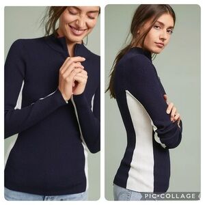 Anthropologie moth varsity ribbed half zip blue white striped sweater medium